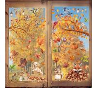 9 Sheets Fall Woodland Animals Window Clings, Autumn Maple Leaf Squirrel Fox Owl Puppy Pumpkin Window Stickers, Harvest Thanksgiving Fall Tree Branch Window Decals for Party Home Glass Decorations