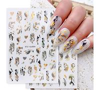 9 Sheets Gold Abstract Nail Art Stickers Decals Self Adhesive Black Line Lady Face, Flowers, Palm Leaf, Leaves Design Manicure Tips Nail Decoration for Women Girls