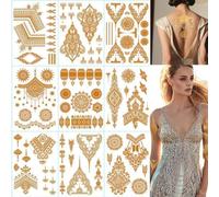 9 Sheets Gold Metallic Temporary Tattoos,110+ Shimmer Glitter Designs Floral, Mandala,necklaces,Waterproof Long Lasting Body & Face Art Sticker for Women & Girls, Festival, Party, Beach, Cosplay