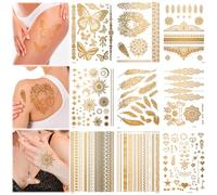 9 Sheets Gold Temporary Tattoos 110+ Designs Flash Metallic Golden Festival Butterfly Glitter Fake Tattoos Sticker Look Real Last Long Unique Lace Beach Body Party Decoration Women Adult Girl