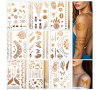 9 Sheets Gold Temporary Tattoos, 3D Extra Large Waterproof Temporary Tattoos Metallic Tattoos Lasting Fake Tattoos, Arm Neck Face Temp Tattoo Temporary Tattoos Sticker for Kids Adults Men and Women