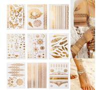 9 Sheets Gold Temporary Tattoos Flash For Women, Metallic Festival Tattoos, Body Art Sticker, Waterproof Armbands Tattoo, Moon Star Butterfly Glitter Tattoos Fake That Look Real and Last Long