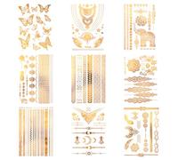 9 Sheets Gold Temporary Tattoos, Glitter Festival Tattoos, 3D Flash Fake Golden Tattoo Stickers, Flash Glitter Golden Tattoo Metallic, for Women, Adults, Carnival, Halloween, Festival, Party