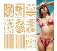 9 Sheets Gold Temporary Tattoos, Metallic Flash Waterproof Tattoo Stickers for Women and Adults, Mandala, Flower, Lace, Body Art Fake Tattoos for Festival Vacation