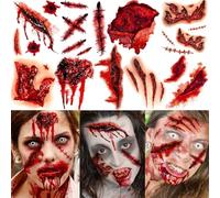 9 Sheets Halloween Fake Scar Tattoos For Women Men Adults, Fake Wound Realistic Blood Injury Cut Scratches Stitches Temporary Tattoos Sticker, Vampire Scary Face Halloween Zombie Makeup Kit Accessory