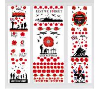 9 Sheets Lest We Forget Window Stickers, Remembrance Day Decorations, Double Side Waterproof Poppy Window Clings for Outside Indoor Window Application Armistice Day Decoration