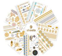 9 Sheets Metallic Gold Henna Temporary Tattoos 80+ Mandala Tattoos Flowers, Mandalas, Elephants Waterproof Non-Toxic Durable for Beach, Festivals, & Parties