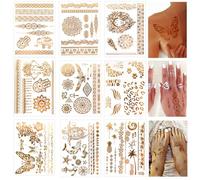 9 Sheets of Festival Tattoos Gold, Metallic Flash Tattoos Women, Waterproof Temporary Tattoo Gold for Sticking, Face Tattoo for Festival and Party Supplies