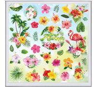 9 Sheets Summer Window Clings, 72 PCS Double-Sided Tropical Hibiscus Flower Window Stickers Hawaii Palm Leaves Glass Stickers for Summer Hawaiian Party Decor Supplies