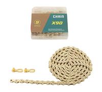 9 Speed Bicycle Chain, Manganese Steel, Gold, Lightweight Durable - High Strength Forged, Hollow Design, Ideal for Road and Mountain Bikes