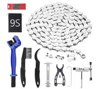 9 Speed Mountain Bike Chain Bicycle Replacement Chains, Adult Road MTB Cycle 116 Links Removal Tool Repair Set with 3 Quick Link Connector Cleaning Brushes, Checker Splitter Breaker Plier