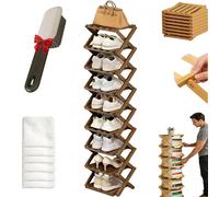 9-Tier Bamboo Shoe Rack - No Assembly, Foldable Vertical for Entryway, Closet & Small Spaces, Space-Saving Storage in Brown - 10-Tier Option Available