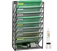 9 Tier Upgrade Mesh Wall File Holder Organizer with Bottom Flat Tray, Medium Mesh Vertical Hanging File Organizer, Office Hanging File Folder Magazine Rack, Nametag Label Hooks Set Included, Black