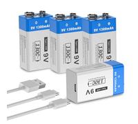 9 V Rechargeable Batteries, 1300 mAh Durable Lithium-Ion Battery, Micro USB Charger with 2-in-1 Charging Cable for Smoke Detector, Alarms, Keyboard, Microphone, Pack of 4