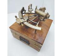 9" Vintage Solid Antique Brass Nautical Functional Sextant with Wooden Box