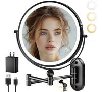 9" Wall Mounted Lighted Makeup Mirror,4000mAh Rechargeable Double Sided 1X/10X Magnifying Mirror with Light,3 Color Lights,Touch Dimmable,Extended Arm 360 Rotation Wall Mounted Makeup Mirror
