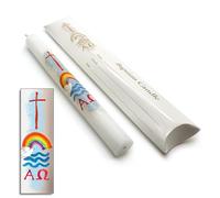 9" Watercolour Baptismal Candle - Cross & Rainbow Over Water