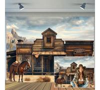9 x 6 ft Western Cowboy Bank Backdrop Vintage Wild West Wooden House Photography Pictures Background Old Horse Barn Western Cowboy Theme Party Decor Banner Props