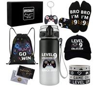 9 Year Old Boy Gifts, Birthday Gifts for 9 Year Old Boys, Cool Game Theme LEVEL 9 UNLOCKED Gift Set with Water Bottle Baseball Cap Socks Bag Keychain Wristbands, 9th Present for Son Grandson Nephew