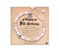 9 Year Old Girl Gifts for Birthday Pearl Bracelet with Age 9 Heart Silver Decoration Pink Beaded Bracelets with Birthday Card Adjustable Girls Bracelets Girls Jewellery Gifts for 9 Year Old Girls