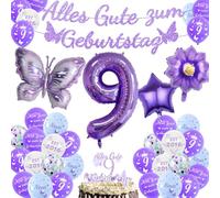 9 Years Butterfly Birthday Decoration Pack of 50 with Balloon Flower, Butterflies Cake Decoration, Butterfly Foil Balloon 9 Years, Colourful Butterflies Birthday Decoration, Girls 9 Years
