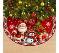 90 Cm Christmas Tree Skirt, Xmas Tree Skirt With Santa and Snowman Print | Round Base Cover in Red Tartan Trim That Hides the Stand and Holds Wrapped Presents Ready for the Morning