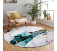 90 cm Round Area Rugs, Gold Blue-Green Ink Painting Modern Abstract Texture Pattern Machine Washable Rug Carpet, Non Slip Soft Circle Carpet Rug for Bedroom Living Room Kitchen Home Decor