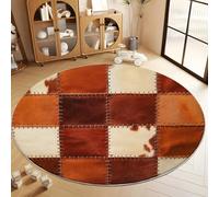 90 cm Round Rug, Machine Washable Patchwork Leather Animal Colour Block Circle Kids Room Carpet Faux Wool Low-Pile Circular Throw Rugs for Entryway/Bedroom/Nursery/Bathroom