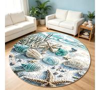 90 cm Sea Star Shell Ocean Round Rug, 3D Nautical Coastal Beachy Circle Rugs, Non-Shedding Non-Slip Machine Washable Blue Area Rug for Living Room Bedroom Kids Teenagers Boys Girls Ocean Home Decor