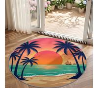 90 cm Washable Round Rugs Seaside Tropical, Palm Trees Sailboats Beach Waves Orange Print Circle Area Rugs for Bedroom Kitchen Hallway Kids Nursery Room, Non Shedding Soft Round Carpet Anti-Slip