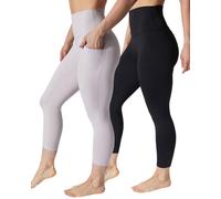 90 Degree By Reflex 2 Pack Capri One Pocket One Basic High Waisted Workout Legging, Raindrops/Black, M