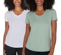 90 Degree By Reflex Short Sleeve Top V-Neck Soft Gym Shirt for Women - 2 Pack, Heather Iceberg Green/White, M