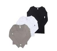90 Degree By Reflex Womens 3 Pack Ribbed Seamless Crew Neck, Scoop Neck and Sqaure Neck Long Sleeve Top, Satellite/White/Black, S