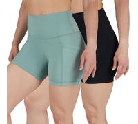 90 Degree By Reflex Womens High Waisted Biker Shorts Ribbed Workout Yoga Running Tummy Control Spandex Short, Chinois Green (W / Pocket) / Black (No Pocket) 7", L