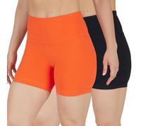 90 Degree By Reflex Womens High Waisted Biker Shorts Ribbed Workout Yoga Running Tummy Control Spandex Short, Tangerine Tango / Black 5", L