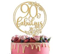 90 & Fabulous Cake Topper, Cheers to Ninety Years Birthday Party Decorations, Happy 90th Birthday Decoration, Flower Themed 90th Bday/Anniversary Decoration Gold Glitter