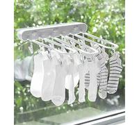 90°Folding Sock Drying Rack Wall Mounted,Hole-Free Hidden Clothes Hanger Rack,Dryer Rack with 24 Clips,Storage Rack Laundry Hook Hanger