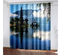 90 Inch Curtains, Window Drapes Lake and Trees Landscapes Polyester Blue Green Blackout for Living Room 2 Panels 38W x 90L Inch
