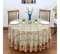 90 Inches Round Hand Block Printed Cotton Tablecloth, Orange Blue Floral Table Cloths Washable, Indian Table Linen For Dinning Home Decor Outdoor Thanksgiving Gifts
