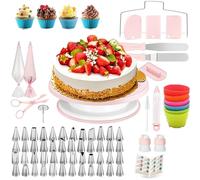 90 Pcs Cake Decorating Supplies kit with Cake Turntable-leveler-48 Piping Tips with Pattern Chart -Straight & Offset Spatula-20 Icings Bags-3 Icing Smoother Scraper Set for Beginner Cake-Lover (Pink)