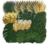 90 Pieces 11 Kinds Fake Leaves Monstera LeavesArtificial Palm Leaves Tropical Party Decorations Jungle Safari Leaves With Faux Stem For Hawaiian Luau Party Jungle Beach Table Leave Decorations