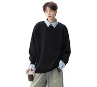 90% Polyester Men's College Style Pullover Shirt Black White(Black M)