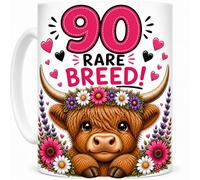 90 Rare Breed Highland Cow Funny 90th Birthday 11oz White Ceramic Coffee Cup Nan Mum Grandma Present Gift Mug