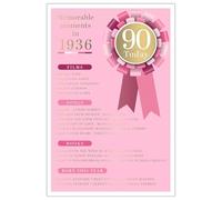 90 Today Birthday Card for Female, Born in 1936 Memorable Moments, Pink Design, 23x15cm