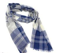 90% Wool 10% Cashmere Lightweight Oversized Scarf - Blue & White Check - V2