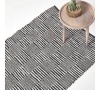 (90 x 150 cm) Black & White Real Leather Handwoven Striped Block Check Rug