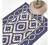 HOMESCAPES Halmstad Blue and White Scandi Style 100% Cotton Printed Rug - 90 x 150 cm