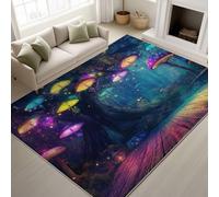 90 x 150 cm Machine Washable Rugs Black Area Rug Fantasy Illustrated Non-Slip Big Tree Shiny Mushrooms Wooden Floor Fairy Lights Forest Dreamy Short Pile rugs for Bedroom Living Room