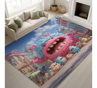 90 x 150 cm - Pink Fluffy Area Rugs Monsters Town Square Buildings Rugs Bright Cartoon 3D Non Shedding Whimsical Playful Cheerful Easy Clean Rug for Kids Bedroom