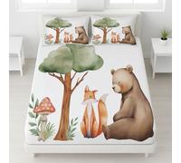 90 x 190 x 30 Deep 30 Fitted Sheet Bear Fox Mushroom Trees Forest Bedspread Illustration Easy Care Bedding Cute Warm Playful Natural Fade Resistant for Boys & Girls, Beige